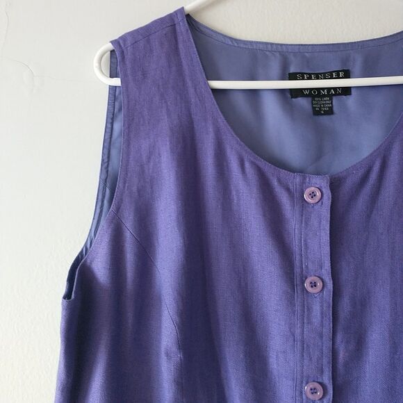 Spenser Jeremy Woman Shift Dress 16 Purple 100% Linen Front Button Sleeveless - Picture 2 of 6